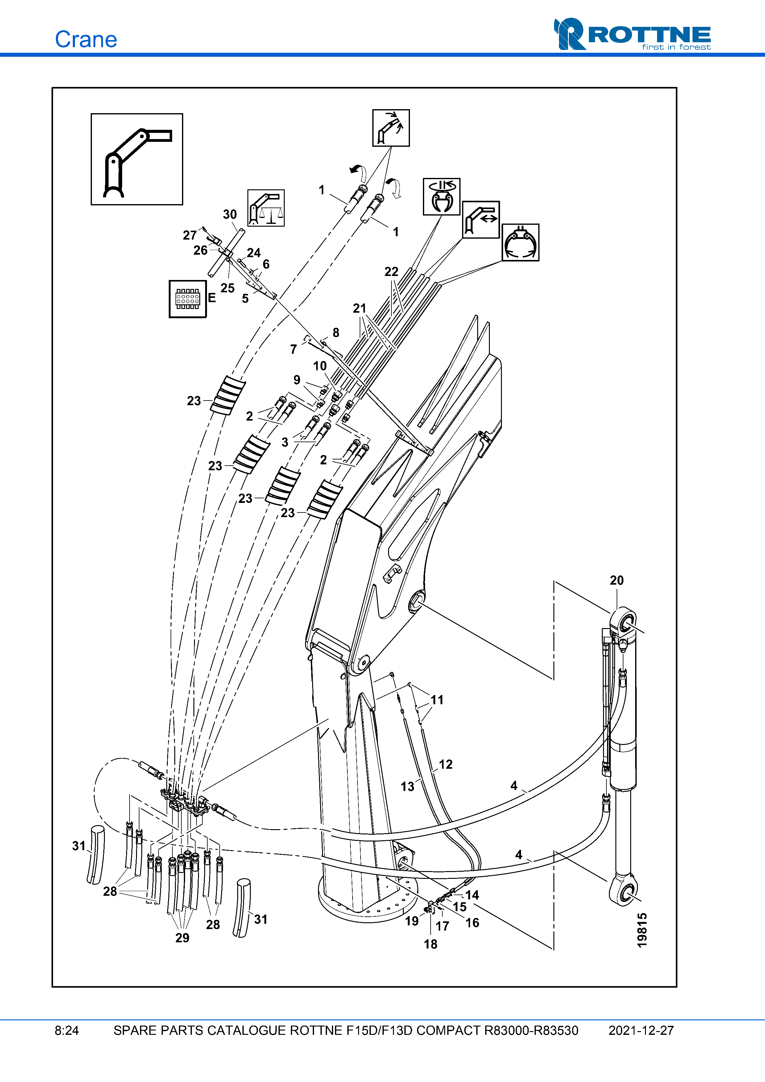 Подъёмная стрела, нижняя часть, шланги и трубопроводы (F15D/F13D COMPACT R83000–R83530, 2021-12-27)