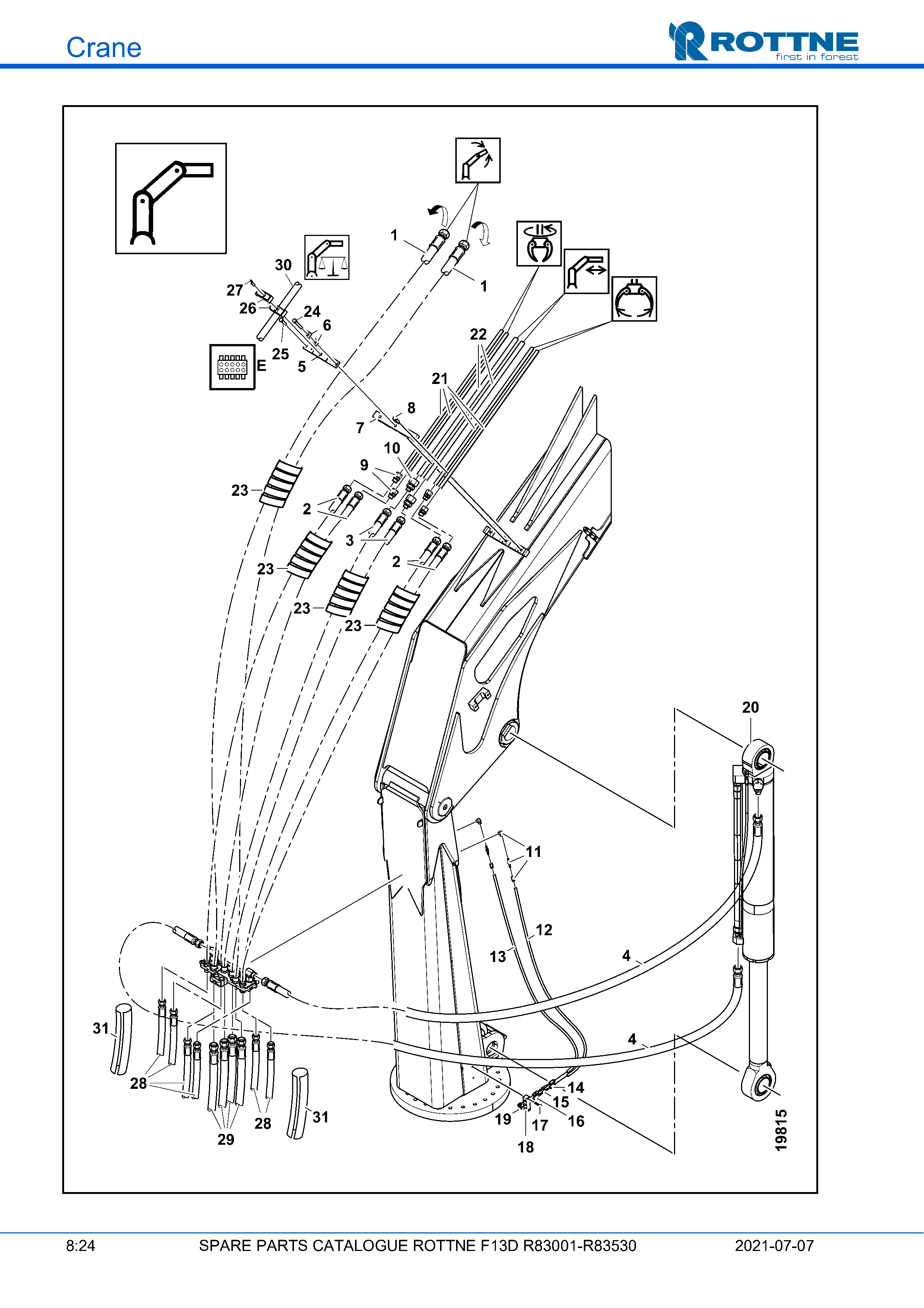 Подъёмная стрела, нижняя часть, шланги и трубопроводы (F13D R83001–R83530, 2021-07-07)