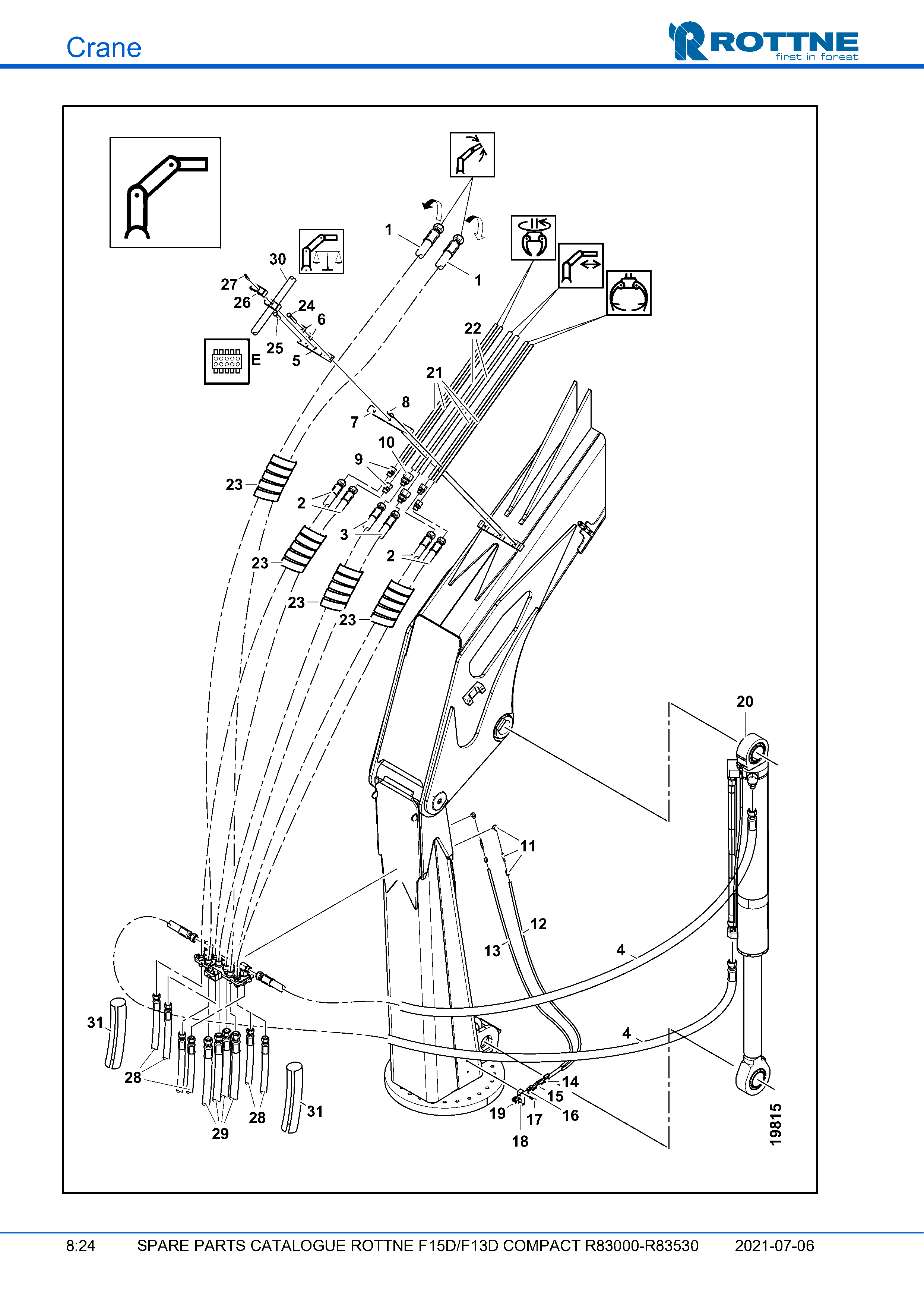 Подъёмная стрела, нижняя часть, шланги и трубопроводы (F15D/F13D COMPACT R83000–R83530, 2021-07-06)