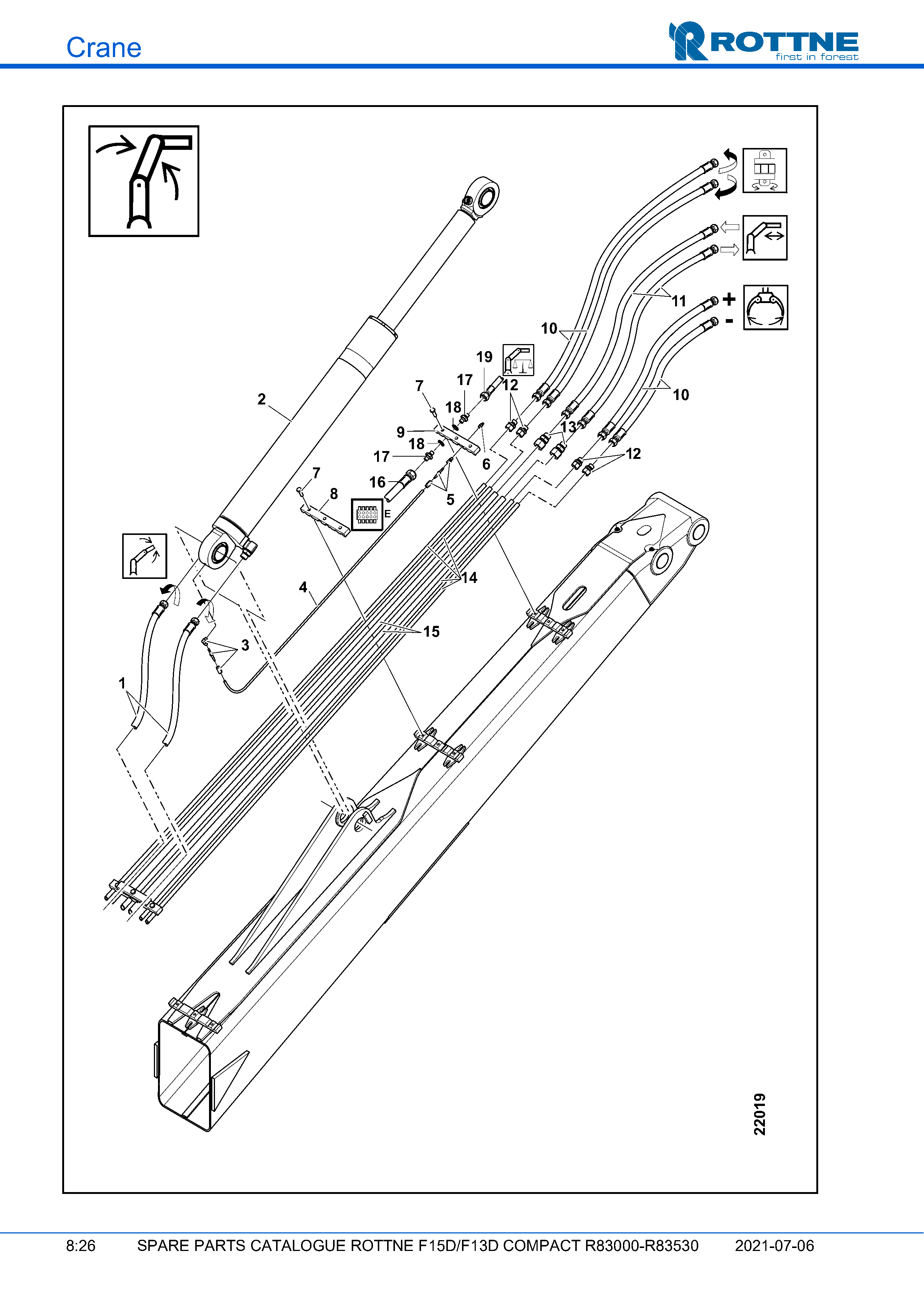 Подъёмная стрела, верхняя часть, шланги и трубопроводы (F15D/F13D COMPACT R83000–R83530, 2021-07-06)