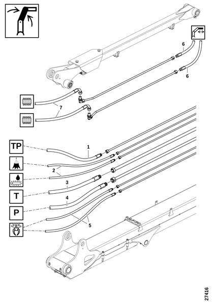 Нижняя часть подъёмного рычага, шланги