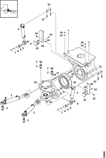 Шарнир рамы, гидроцилиндры и шаровой поворотный стол