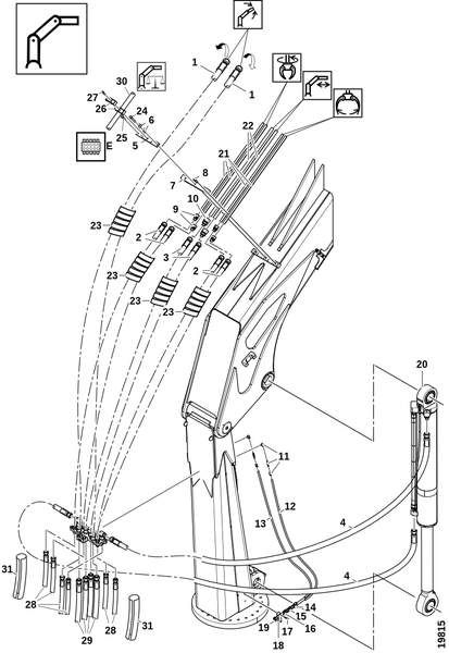 Шланги и трубы, подъёмный рычаг, нижний
